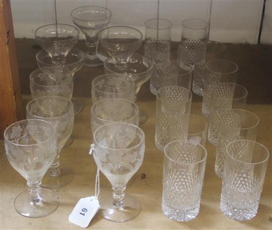 Set 6 19C wine glasses with vineous engraving, 5 matching ogee bowl glasses & set 12 German glasses